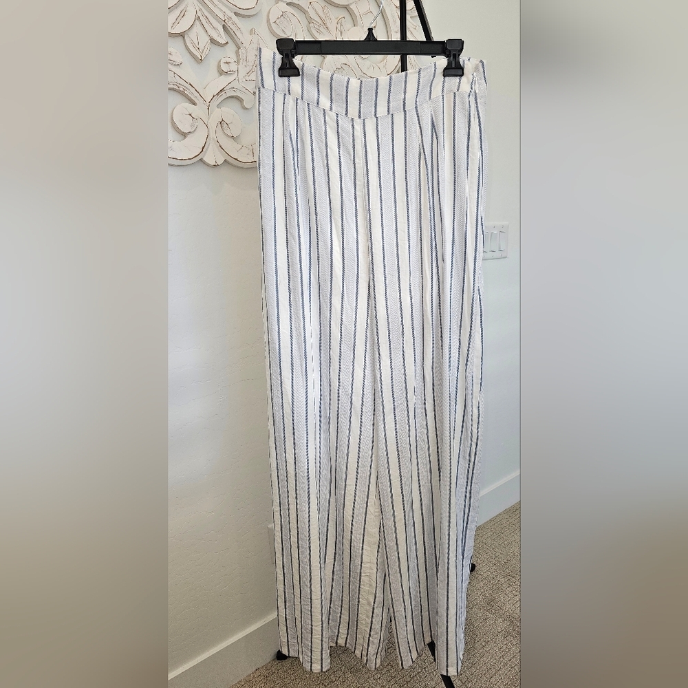 Sugarlips Striped Wide Leg Pants White Blue Lined High Waist Womens Sz Large NWT
